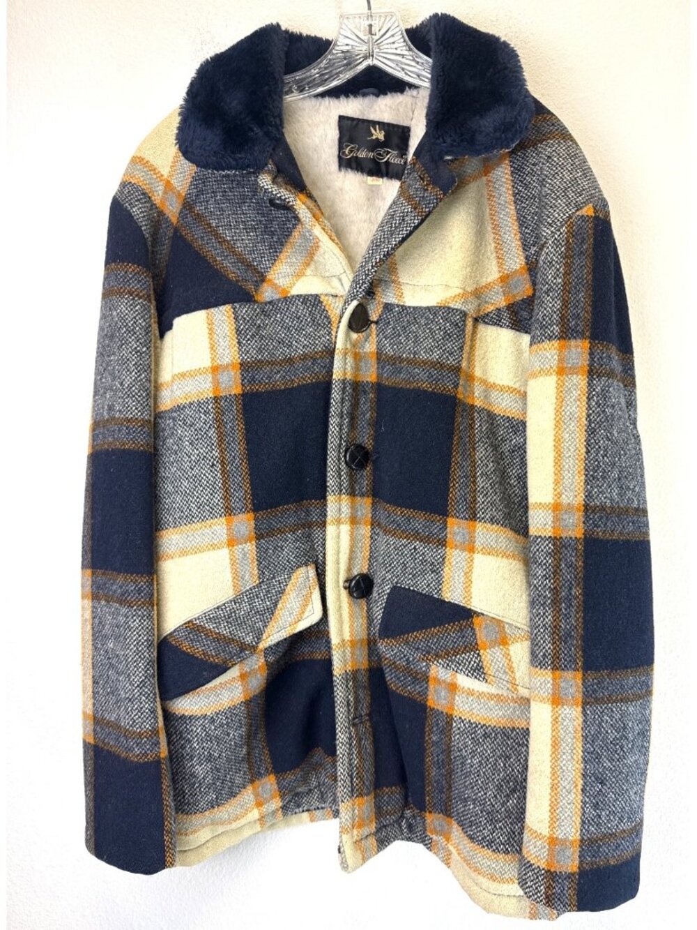 Vtg Golden Fleece Wool Plaid Coat Sherpa Lining & Faux Fur Collar Size 38 Grunge